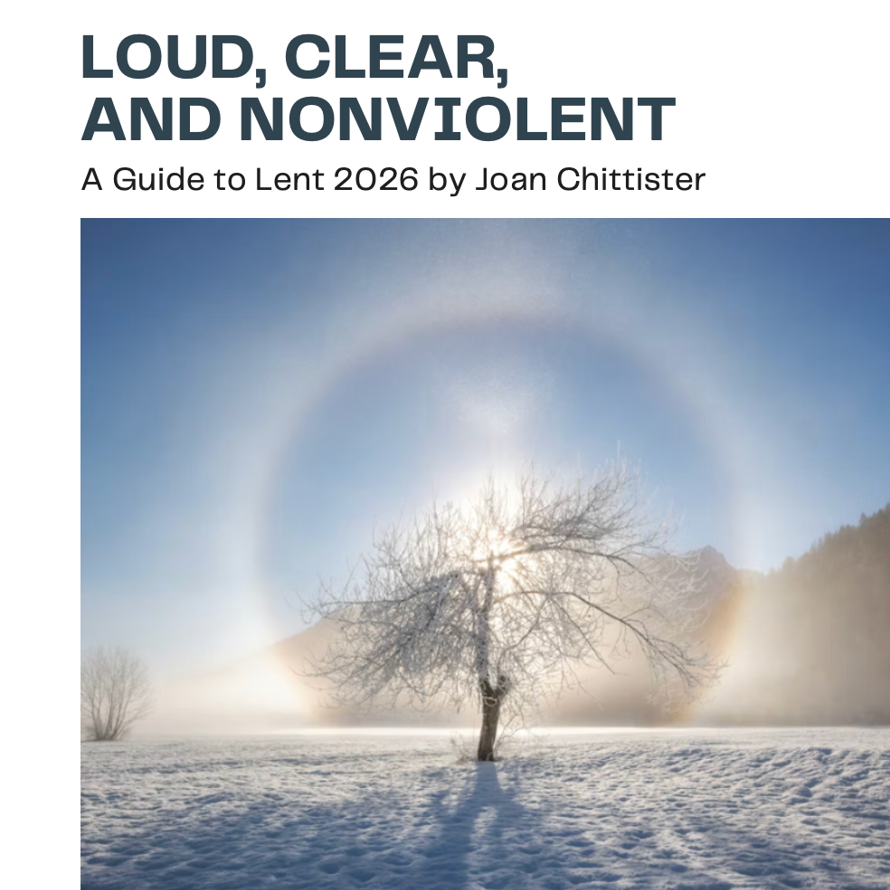 Book cover with a tree in a snowy landscape and text about Lent 2026 by Joan Chittister.