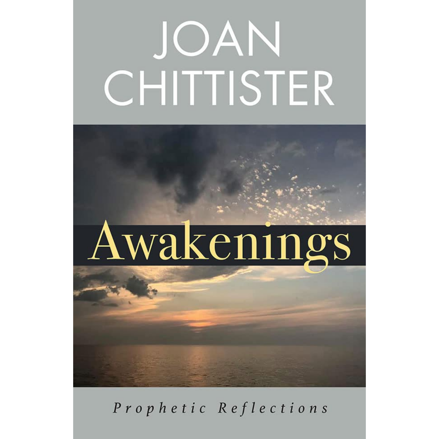 Book cover of 'Awakenings' by Joan Chittister with a sunset over water image.