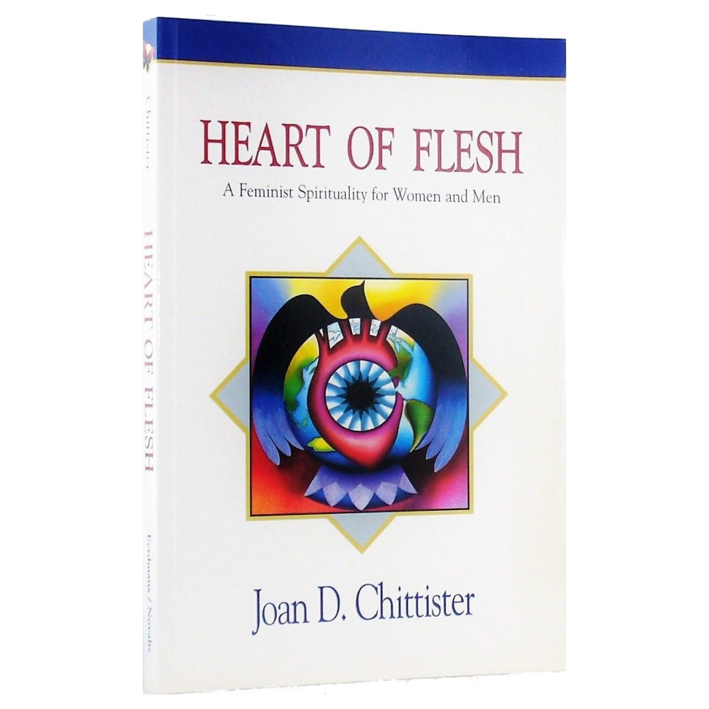 Book titled 'Heart of Flesh' by Joan D. Chittister with a colorful cover bird/heart design on a white background.