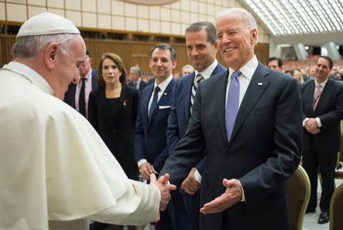 Pope Francis greets former Vice President Joe Biden on April 29, 2016, at the Vatican. Biden is the second Catholic elected to the nation's highest office in U.S. history.